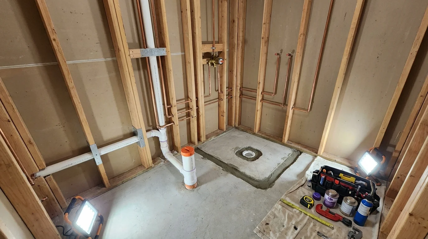 Bathroom rough-in plumbing during remodel by Johns Plumbing LLC in Livermore Falls