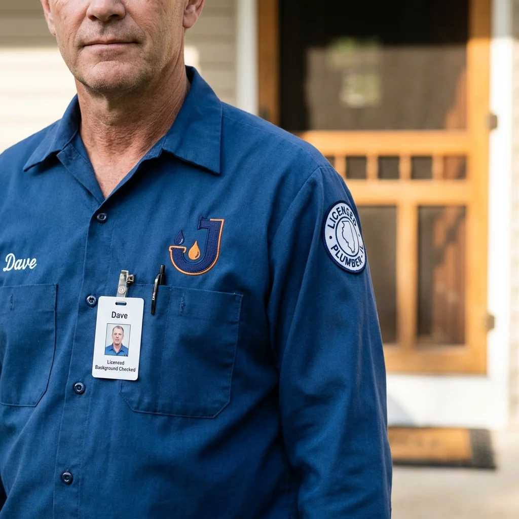 Licensed plumber showing ID badge in Livermore Falls, ME