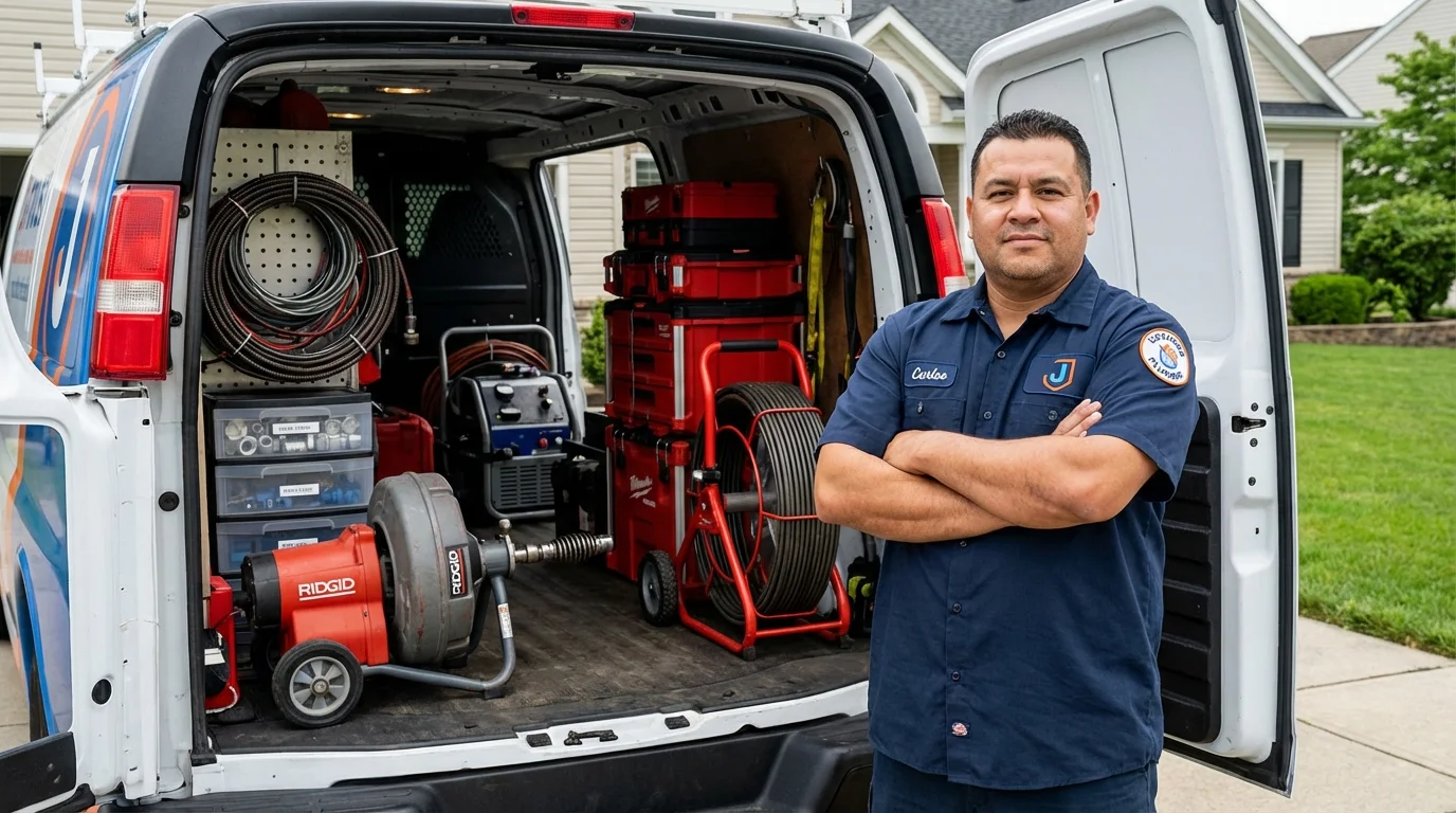 Professional drain cleaning equipment and Johns Plumbing LLC plumber in Livermore Falls