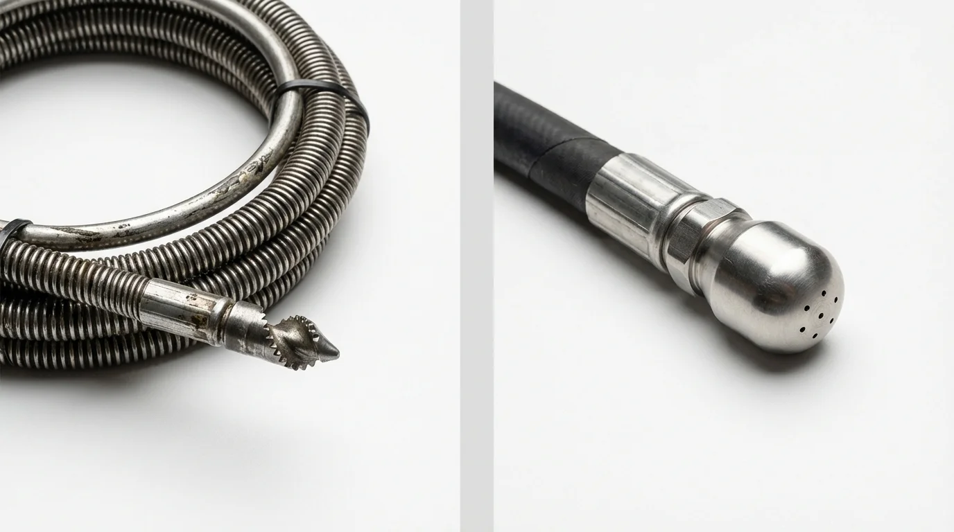 Drain snake cable and hydro jetting nozzle used for drain cleaning in Livermore Falls, ME