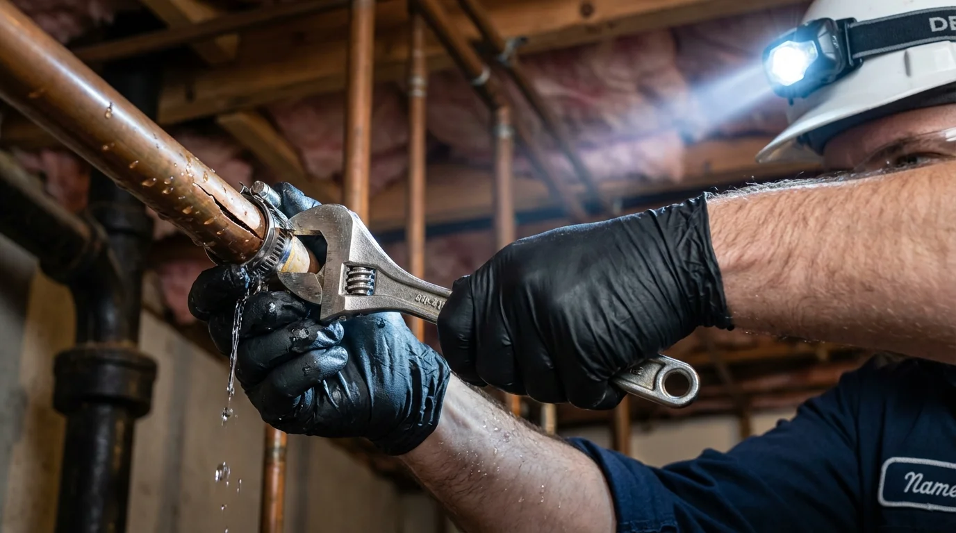 Emergency pipe clamp repair being performed by a Johns Plumbing LLC plumber in Livermore Falls