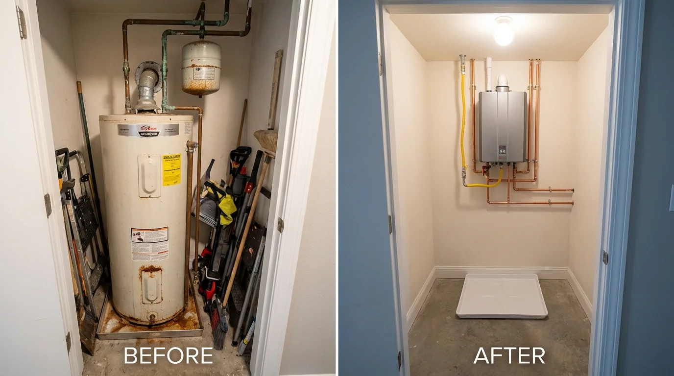 Tank water heater versus wall-mounted tankless unit comparison for Livermore Falls, ME homeowners