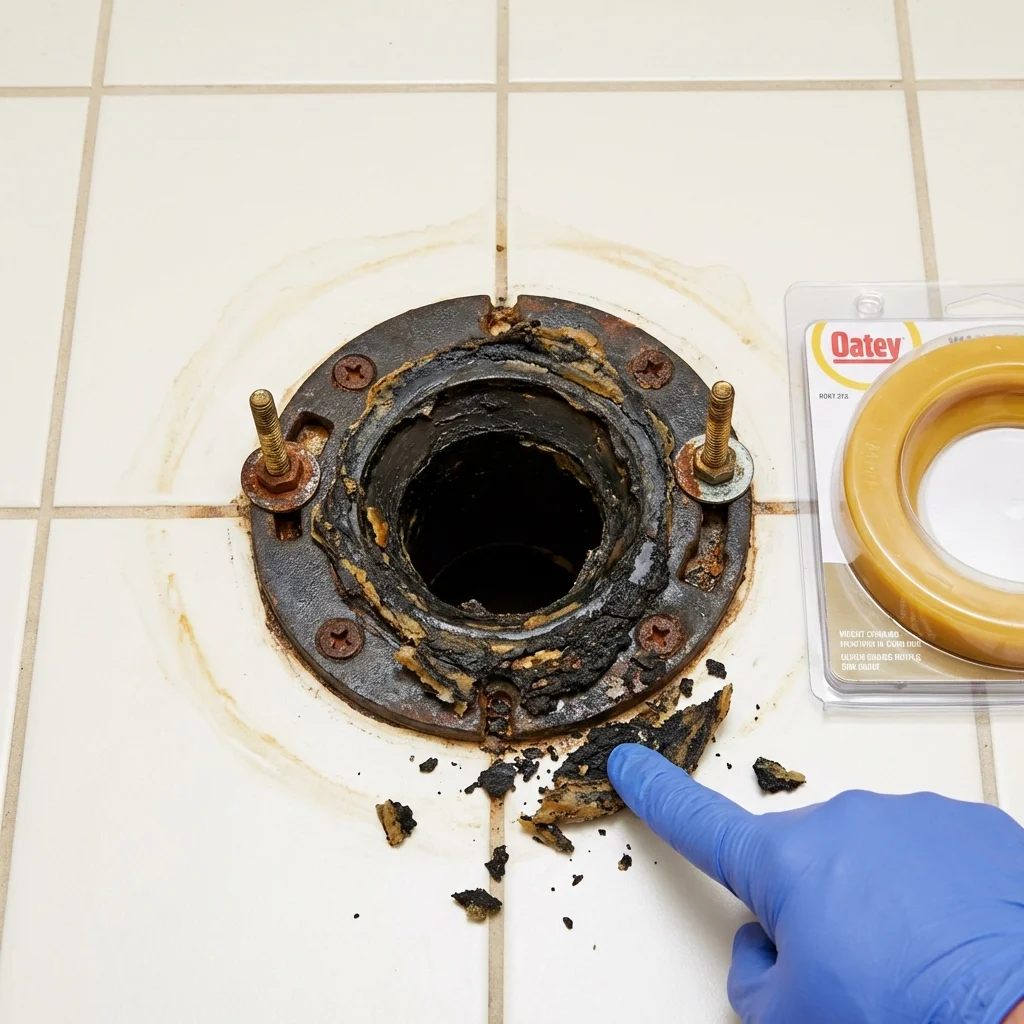 Failed wax ring showing water seepage at the base of a toilet in a Livermore Falls, ME home