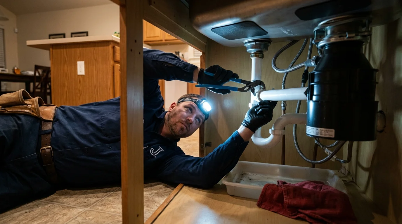 P-trap and supply line connections under a kitchen sink showing a common leak point in Livermore Falls, ME